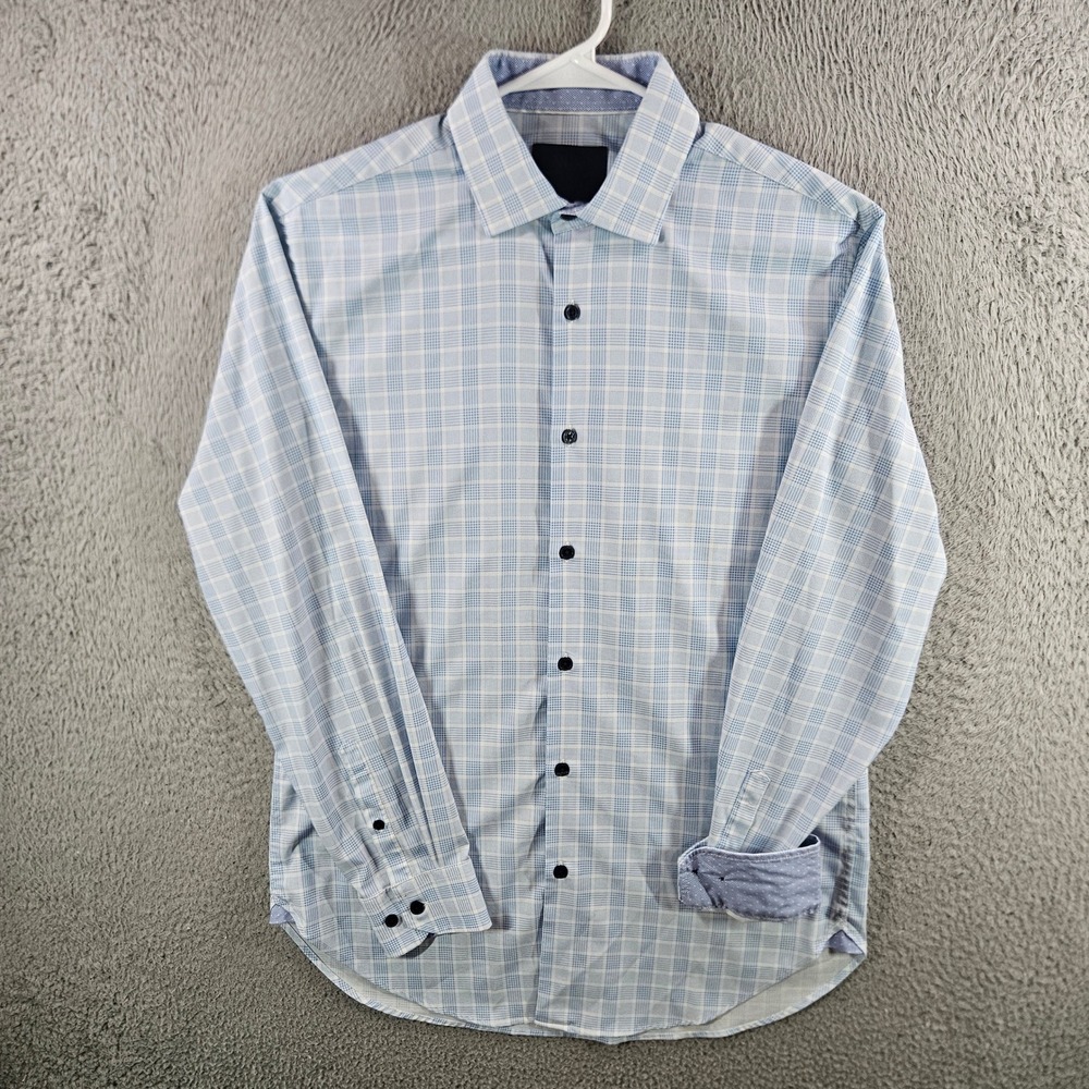 WRK Mens 4-Way Stretch Plaid Dress Shirt Blue White Long Sleeve Size 15.5
